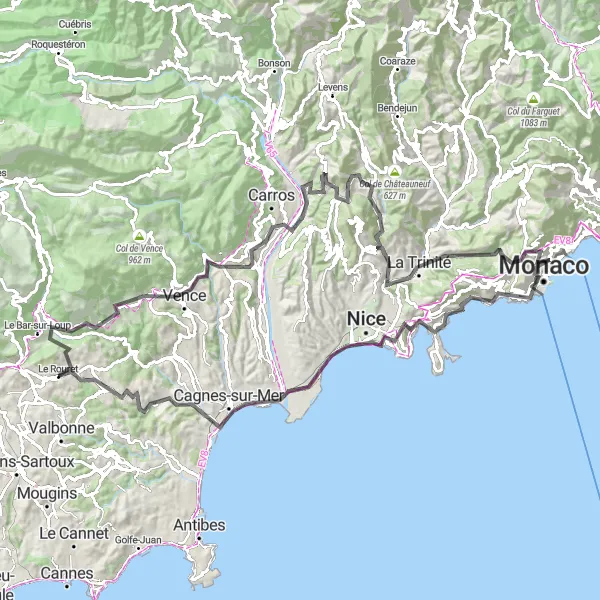 Miniatuurkaart van de fietsinspiratie "Wegroute door Monaco en Saint-Laurent-du-Var" in Provence-Alpes-Côte d’Azur, France. Gemaakt door de Tarmacs.app fietsrouteplanner