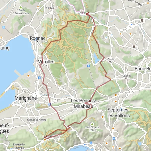 Karttaminiaatyyri "Kaunis maastopyöräilyreitti Le Roven läheisyydessä" pyöräilyinspiraatiosta alueella Provence-Alpes-Côte d’Azur, France. Luotu Tarmacs.app pyöräilyreittisuunnittelijalla