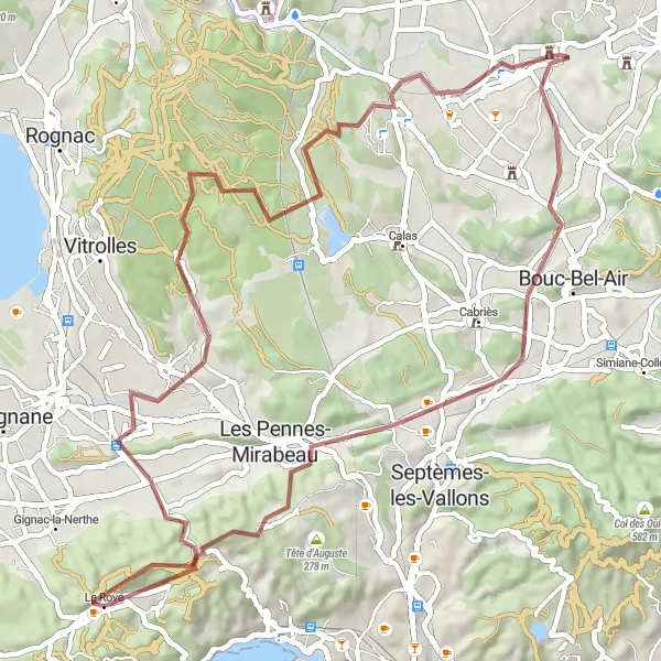 Zemljevid v pomanjšavi "Kolesarska pot do Le Rove (Prodnata pot)" kolesarske inspiracije v Provence-Alpes-Côte d’Azur, France. Generirano z načrtovalcem kolesarskih poti Tarmacs.app