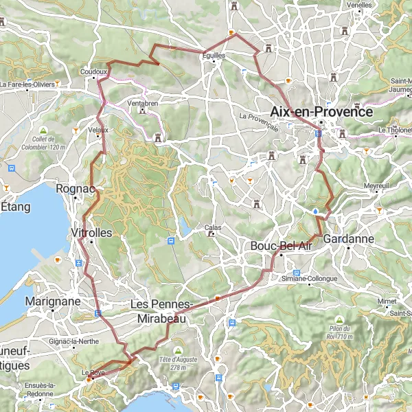 Map miniature of "Aix-en-Provence Gravel Loop" cycling inspiration in Provence-Alpes-Côte d’Azur, France. Generated by Tarmacs.app cycling route planner