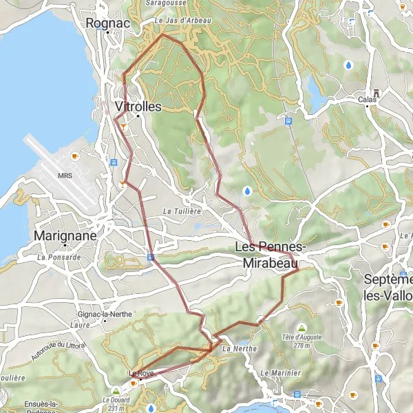 Mapa miniatúra "Krátka gravelová cyklotrasa v okolí Le Rove" cyklistická inšpirácia v Provence-Alpes-Côte d’Azur, France. Vygenerované cyklistickým plánovačom trás Tarmacs.app