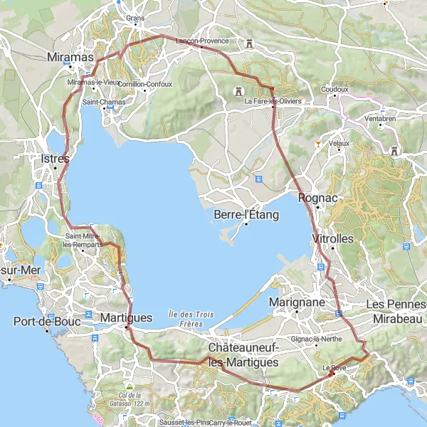 Miniatura mapy "Trasa rowerowa Le Rove - Le Douard - Ensuès-la-Redonne - Pont levant - Martigues - Istres - Mountine Jean - Lançon-Provence - Vigie - Collet de Mourre Redon - Le Rove" - trasy rowerowej w Provence-Alpes-Côte d’Azur, France. Wygenerowane przez planer tras rowerowych Tarmacs.app