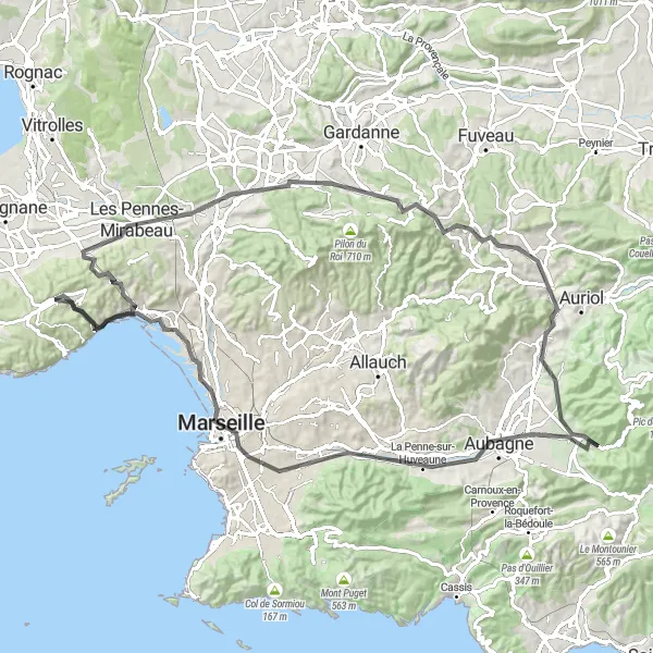 Miniaturní mapa "Cyklovýlet z Les Pennes-Mirabeau do Belvédère" inspirace pro cyklisty v oblasti Provence-Alpes-Côte d’Azur, France. Vytvořeno pomocí plánovače tras Tarmacs.app