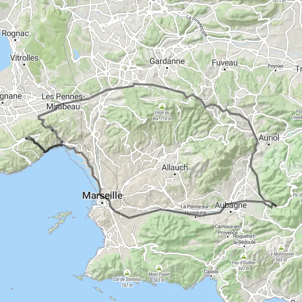 Karttaminiaatyyri "Haastava kierros Les Pennes-Mirabeausta Belvédèreen" pyöräilyinspiraatiosta alueella Provence-Alpes-Côte d’Azur, France. Luotu Tarmacs.app pyöräilyreittisuunnittelijalla