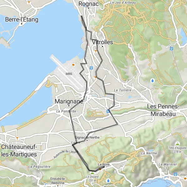 Miniaturní mapa "Jízda na silnici z Le Douard do Le Rove" inspirace pro cyklisty v oblasti Provence-Alpes-Côte d’Azur, France. Vytvořeno pomocí plánovače tras Tarmacs.app