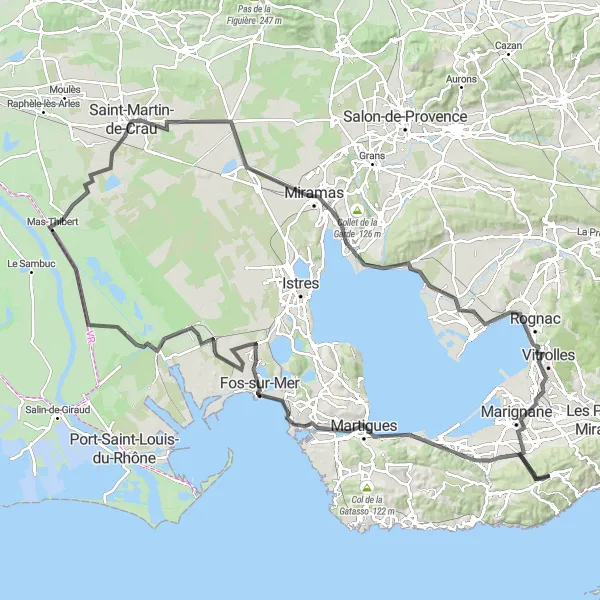 Miniaturní mapa "Cestování po silnici z Châteauneuf-les-Martigues do Le Rove" inspirace pro cyklisty v oblasti Provence-Alpes-Côte d’Azur, France. Vytvořeno pomocí plánovače tras Tarmacs.app