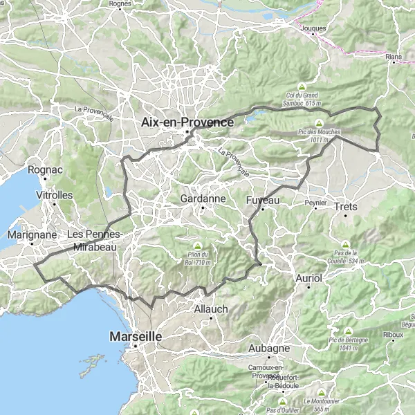 Kartminiatyr av "Rundtur fra Le Rove til Aix-en-Provence" sykkelinspirasjon i Provence-Alpes-Côte d’Azur, France. Generert av Tarmacs.app sykkelrutoplanlegger