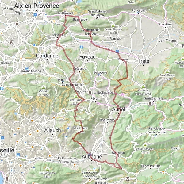 Zemljevid v pomanjšavi "Gorski kolesarski izziv Châteauneuf-le-Rouge - Meyreuil" kolesarske inspiracije v Provence-Alpes-Côte d’Azur, France. Generirano z načrtovalcem kolesarskih poti Tarmacs.app