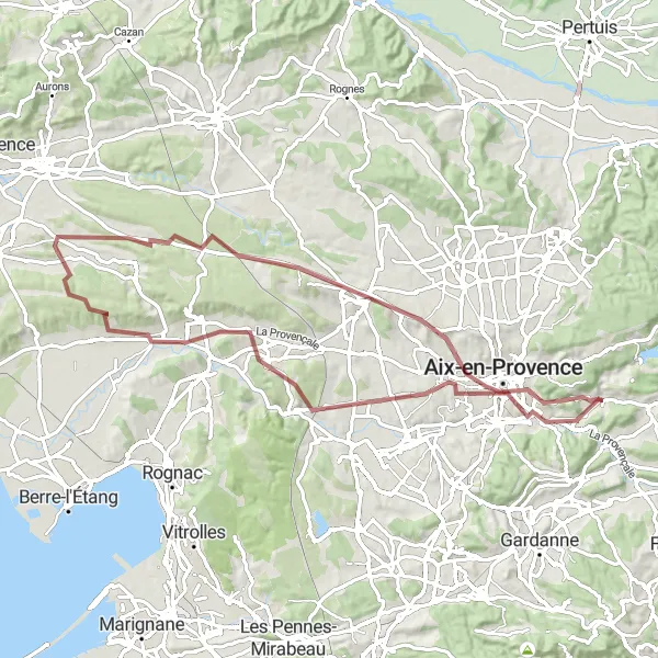 Zemljevid v pomanjšavi "Gorska avantura okoli Aix-en-Provence" kolesarske inspiracije v Provence-Alpes-Côte d’Azur, France. Generirano z načrtovalcem kolesarskih poti Tarmacs.app