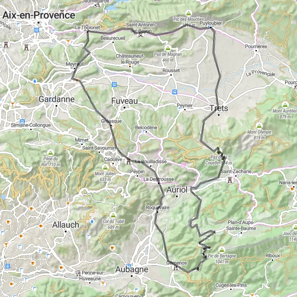 Karttaminiaatyyri "Haastava Maantiepyöräilyreitti Provencen Vuorilla" pyöräilyinspiraatiosta alueella Provence-Alpes-Côte d’Azur, France. Luotu Tarmacs.app pyöräilyreittisuunnittelijalla