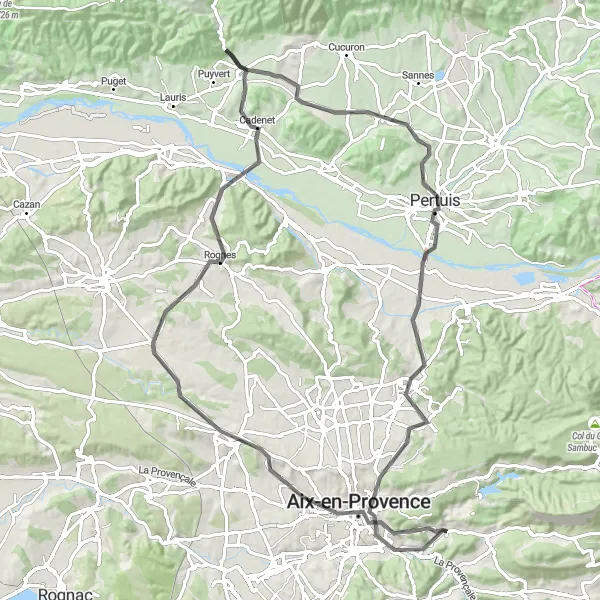 Zemljevid v pomanjšavi "Cestno kolesarjenje po podeželju Provance" kolesarske inspiracije v Provence-Alpes-Côte d’Azur, France. Generirano z načrtovalcem kolesarskih poti Tarmacs.app