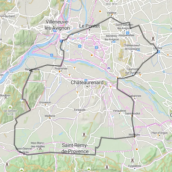 Miniatura mapy "Przejażdżka od Saint-Andiol do Château de Thouzon" - trasy rowerowej w Provence-Alpes-Côte d’Azur, France. Wygenerowane przez planer tras rowerowych Tarmacs.app