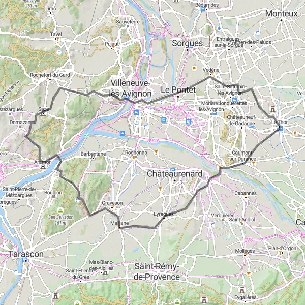 Mapa miniatúra "Okruh cez Eyragues a Avignon" cyklistická inšpirácia v Provence-Alpes-Côte d’Azur, France. Vygenerované cyklistickým plánovačom trás Tarmacs.app