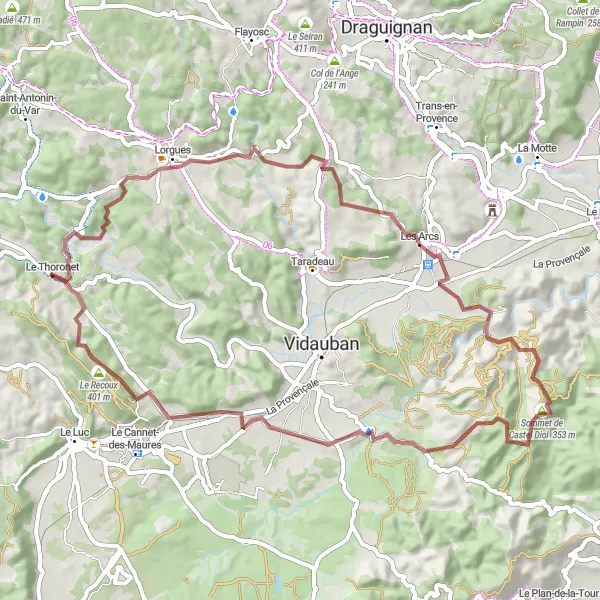 Zemljevid v pomanjšavi "Gravel kolesarjenje v okolici Le Thoroneta" kolesarske inspiracije v Provence-Alpes-Côte d’Azur, France. Generirano z načrtovalcem kolesarskih poti Tarmacs.app