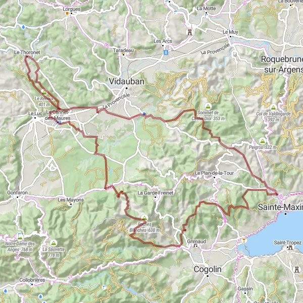Miniatura mapy "Wyzwania trasy gravel przez La Colette" - trasy rowerowej w Provence-Alpes-Côte d’Azur, France. Wygenerowane przez planer tras rowerowych Tarmacs.app