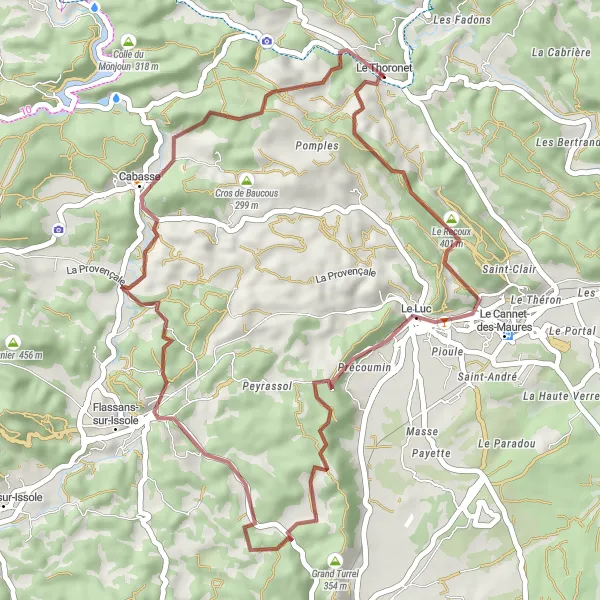 Mapa miniatúra "Gravelový okruh kolem Thoronetu" cyklistická inšpirácia v Provence-Alpes-Côte d’Azur, France. Vygenerované cyklistickým plánovačom trás Tarmacs.app