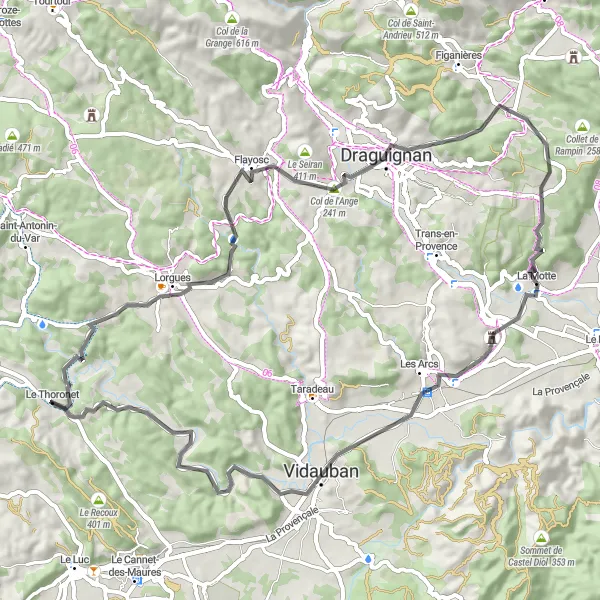 Zemljevid v pomanjšavi "67 km cesta s številnimi vzponi" kolesarske inspiracije v Provence-Alpes-Côte d’Azur, France. Generirano z načrtovalcem kolesarskih poti Tarmacs.app