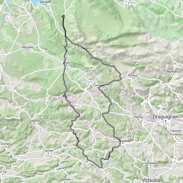 Kartminiatyr av "Bakketuren til Tourtour og Le Tour du Ruou" sykkelinspirasjon i Provence-Alpes-Côte d’Azur, France. Generert av Tarmacs.app sykkelrutoplanlegger