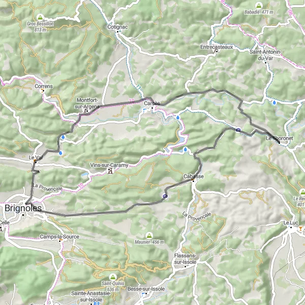 Mapa miniatúra "Cestná cyklotrasa Montfort-sur-Argens Loop" cyklistická inšpirácia v Provence-Alpes-Côte d’Azur, France. Vygenerované cyklistickým plánovačom trás Tarmacs.app