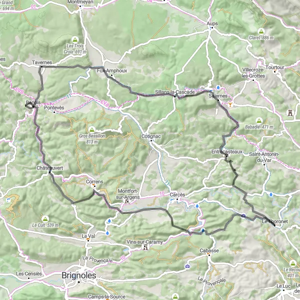 Miniature de la carte de l'inspiration cycliste "Défi sportif à travers Correns et Sillans-la-Cascade" dans la Provence-Alpes-Côte d’Azur, France. Générée par le planificateur d'itinéraire cycliste Tarmacs.app