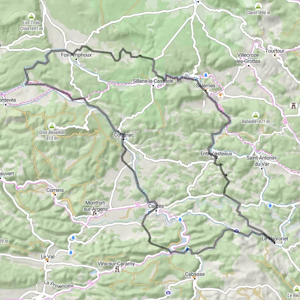 Miniatua del mapa de inspiración ciclista "Ruta Escénica por Cotignac y Entrecasteaux" en Provence-Alpes-Côte d’Azur, France. Generado por Tarmacs.app planificador de rutas ciclistas