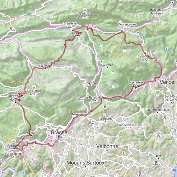 Mapa miniatúra "Gravel cyklistická trasa s výhľadmi" cyklistická inšpirácia v Provence-Alpes-Côte d’Azur, France. Vygenerované cyklistickým plánovačom trás Tarmacs.app
