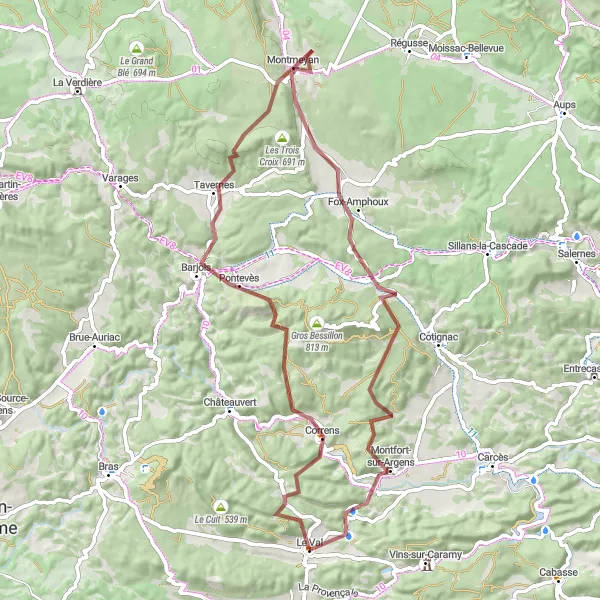 Miniature de la carte de l'inspiration cycliste "Parcours à vélo tout-terrain varié autour de Le Val" dans la Provence-Alpes-Côte d’Azur, France. Générée par le planificateur d'itinéraire cycliste Tarmacs.app