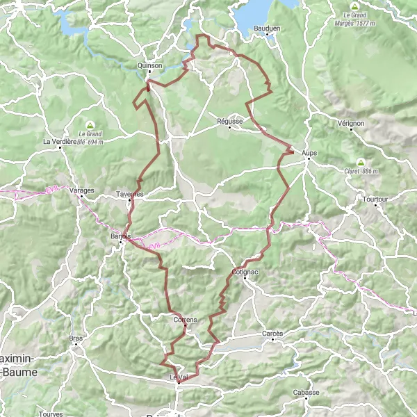 Map miniature of "Le Val Gravel Challenge" cycling inspiration in Provence-Alpes-Côte d’Azur, France. Generated by Tarmacs.app cycling route planner