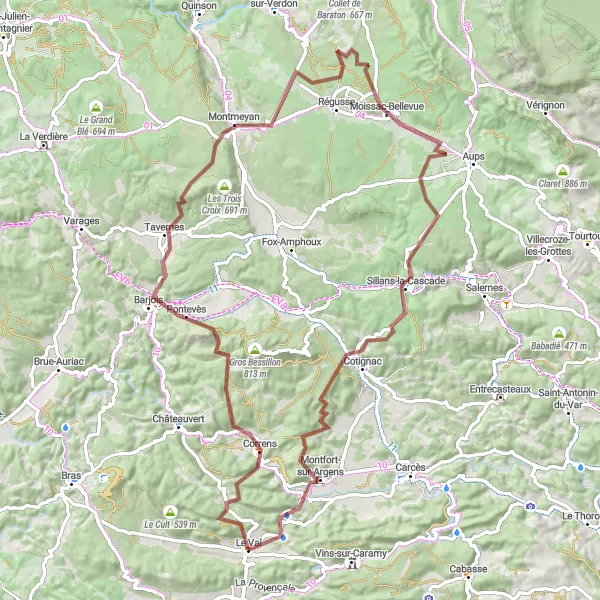 Miniatua del mapa de inspiración ciclista "Aventura en Grava de Le Val" en Provence-Alpes-Côte d’Azur, France. Generado por Tarmacs.app planificador de rutas ciclistas