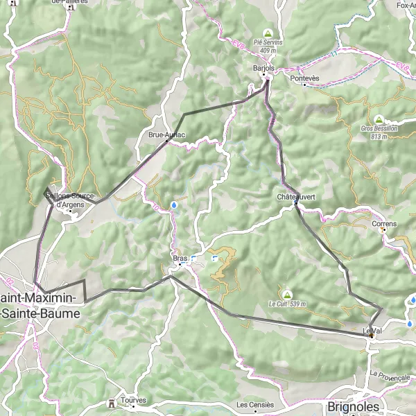 Map miniature of "Le Val - Pigeonnier - Saint-Maximin-la-Sainte-Baume - La Lombarde - Barjols - Châteauvert - Colle de Paul" cycling inspiration in Provence-Alpes-Côte d’Azur, France. Generated by Tarmacs.app cycling route planner