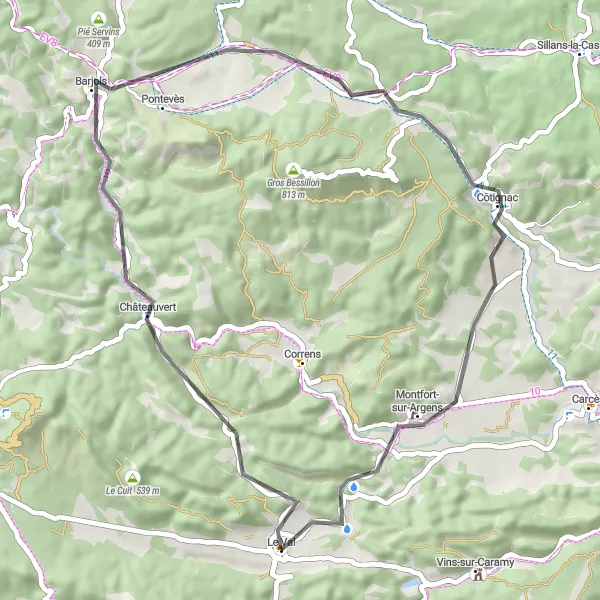 Karttaminiaatyyri "Kukkuloita ja Kylämaisemia" pyöräilyinspiraatiosta alueella Provence-Alpes-Côte d’Azur, France. Luotu Tarmacs.app pyöräilyreittisuunnittelijalla