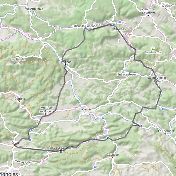 Mapa miniatúra "Cestná Cyklotrasa do Cotignac" cyklistická inšpirácia v Provence-Alpes-Côte d’Azur, France. Vygenerované cyklistickým plánovačom trás Tarmacs.app