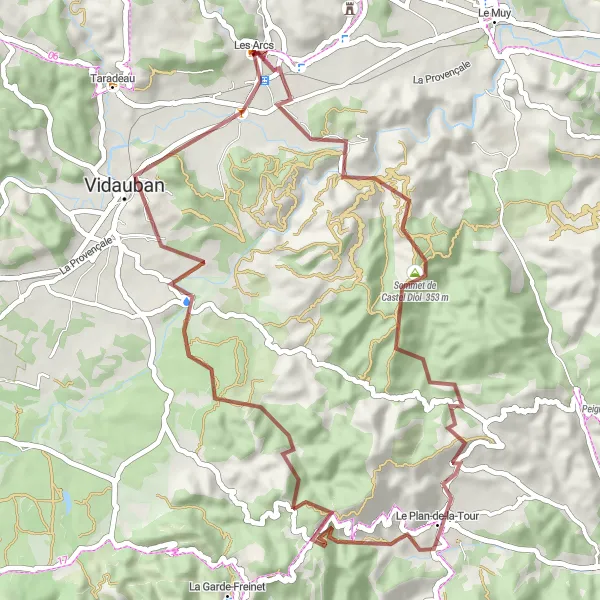 Kartminiatyr av "Les Arcs till Lycée agricole Grusvägsrutt" cykelinspiration i Provence-Alpes-Côte d’Azur, France. Genererad av Tarmacs.app cykelruttplanerare