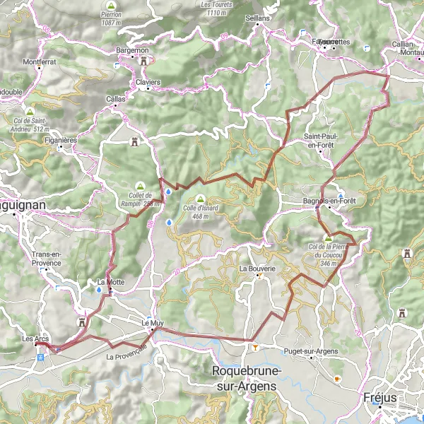 Miniaturní mapa "Les Arcs - La Motte - Bagnols-en-Forêt - Le Muy" inspirace pro cyklisty v oblasti Provence-Alpes-Côte d’Azur, France. Vytvořeno pomocí plánovače tras Tarmacs.app