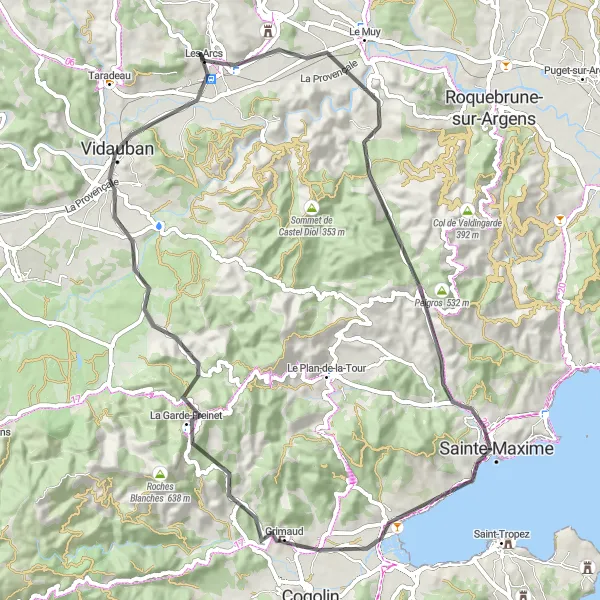 Map miniature of "Coastal Charm - Les Arcs Edition" cycling inspiration in Provence-Alpes-Côte d’Azur, France. Generated by Tarmacs.app cycling route planner