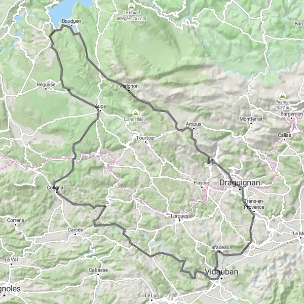 Miniaturní mapa "Les Arcs - Le Thoronet - Cotignac - Aups - Col de la Bigue - Vérignon - Trans-en-Provence" inspirace pro cyklisty v oblasti Provence-Alpes-Côte d’Azur, France. Vytvořeno pomocí plánovače tras Tarmacs.app