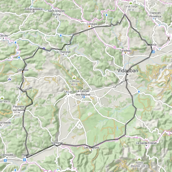 Miniaturní mapa "Les Arcs - Vidauban - Gonfaron - Lorgues - Collet de Michoune" inspirace pro cyklisty v oblasti Provence-Alpes-Côte d’Azur, France. Vytvořeno pomocí plánovače tras Tarmacs.app