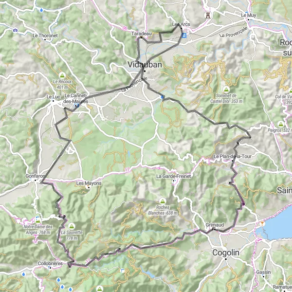 Kartminiatyr av "Landevei til Taradeau" sykkelinspirasjon i Provence-Alpes-Côte d’Azur, France. Generert av Tarmacs.app sykkelrutoplanlegger