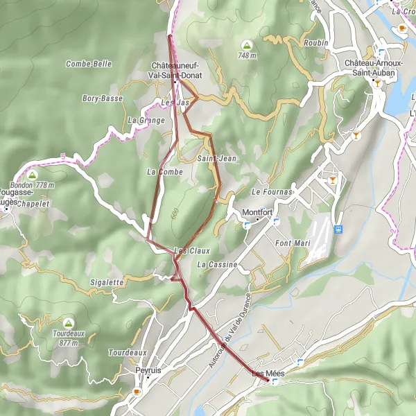 Miniaturní mapa "Jízda po Gravelu k Les Mées" inspirace pro cyklisty v oblasti Provence-Alpes-Côte d’Azur, France. Vytvořeno pomocí plánovače tras Tarmacs.app