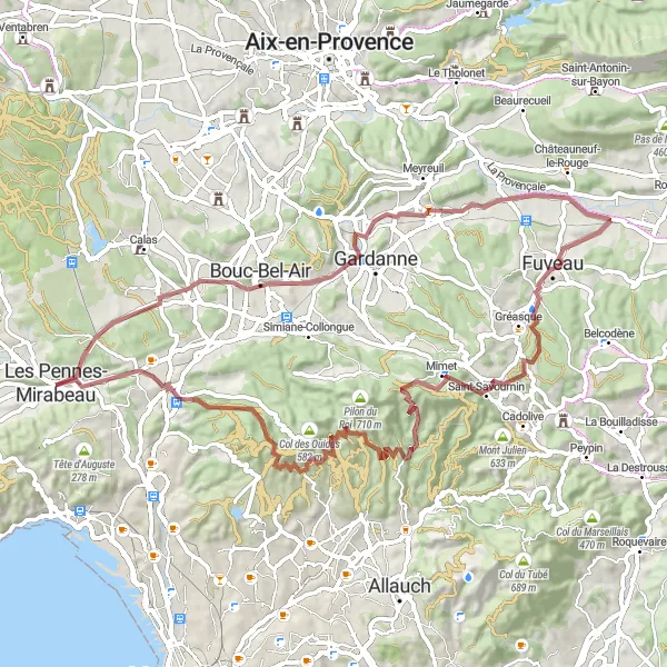 Miniatura mapy "Trasa gravelowa z Les Pennes-Mirabeau" - trasy rowerowej w Provence-Alpes-Côte d’Azur, France. Wygenerowane przez planer tras rowerowych Tarmacs.app