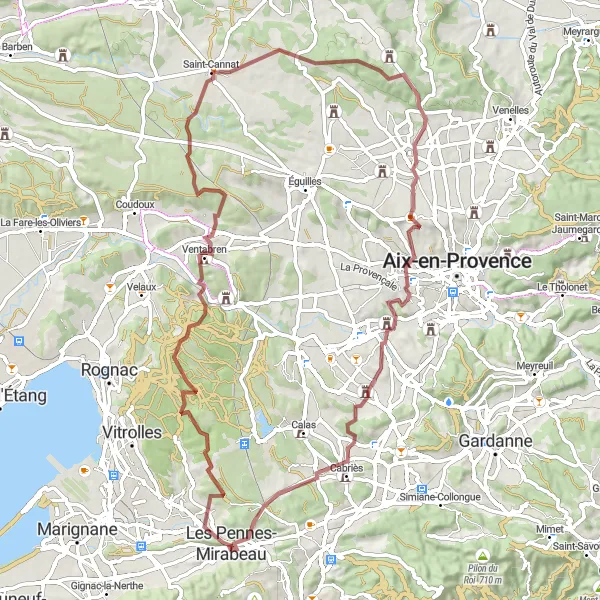 Miniatua del mapa de inspiración ciclista "Recorrido de 78 km en grava desde Les Pennes-Mirabeau" en Provence-Alpes-Côte d’Azur, France. Generado por Tarmacs.app planificador de rutas ciclistas