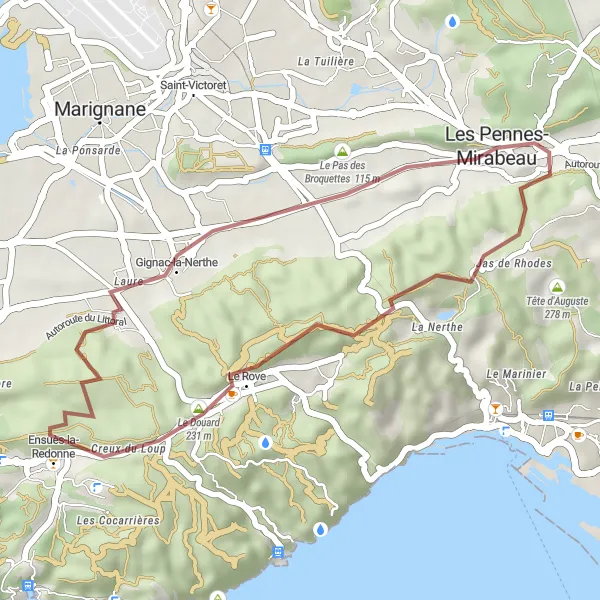 Map miniature of "Gravel Loop through Le Rove and Les Pennes-Mirabeau" cycling inspiration in Provence-Alpes-Côte d’Azur, France. Generated by Tarmacs.app cycling route planner