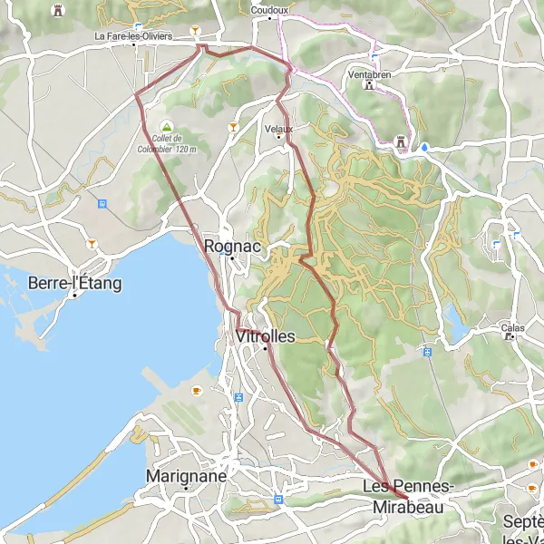 Map miniature of "Gravel Adventure Through Vitrolles and Velaux" cycling inspiration in Provence-Alpes-Côte d’Azur, France. Generated by Tarmacs.app cycling route planner