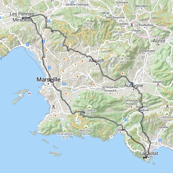 Miniatua del mapa de inspiración ciclista "Ruta de Les Pennes-Mirabeau a Marseille" en Provence-Alpes-Côte d’Azur, France. Generado por Tarmacs.app planificador de rutas ciclistas