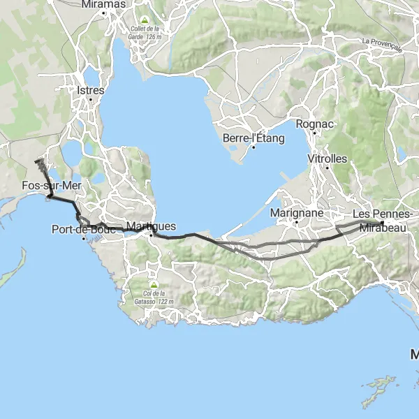 Mapa miniatúra "Okruh cez Châteauneuf-les-Martigues" cyklistická inšpirácia v Provence-Alpes-Côte d’Azur, France. Vygenerované cyklistickým plánovačom trás Tarmacs.app