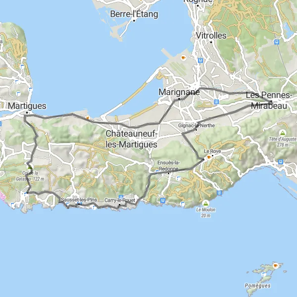 Zemljevid v pomanjšavi "Cestna kolesarska pot z zahtevnim vzponom in razdaljo" kolesarske inspiracije v Provence-Alpes-Côte d’Azur, France. Generirano z načrtovalcem kolesarskih poti Tarmacs.app