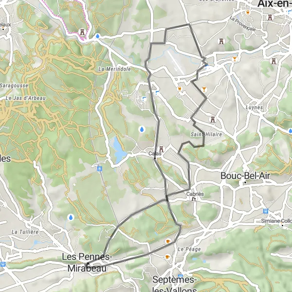 Miniatua del mapa de inspiración ciclista "Ruta de 40 km en carretera desde Les Pennes-Mirabeau" en Provence-Alpes-Côte d’Azur, France. Generado por Tarmacs.app planificador de rutas ciclistas