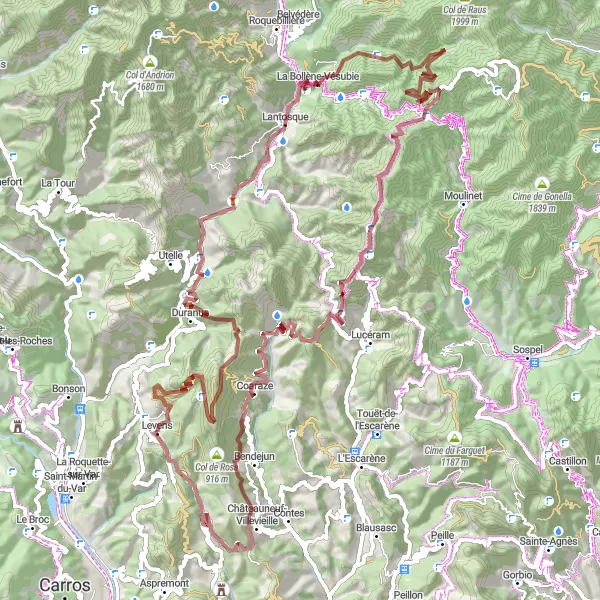 Zemljevid v pomanjšavi "Ekstremno gravel kolesarjenje po gorovju okoli Turinija" kolesarske inspiracije v Provence-Alpes-Côte d’Azur, France. Generirano z načrtovalcem kolesarskih poti Tarmacs.app