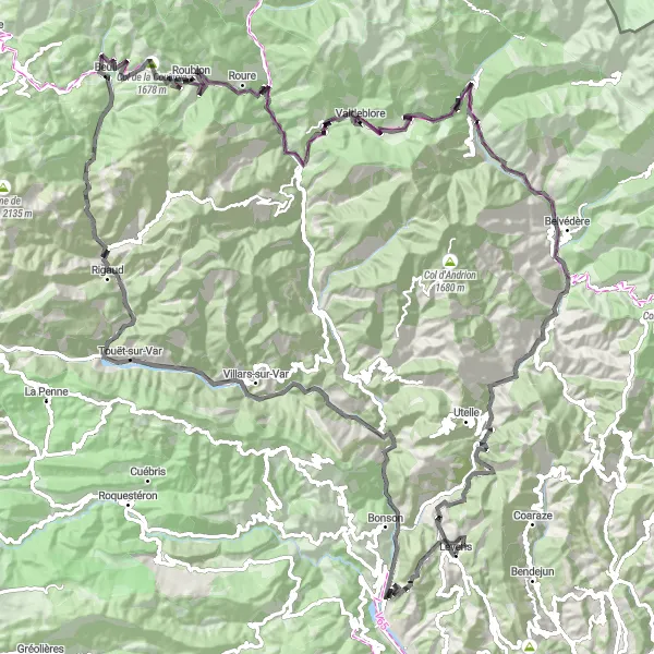 Miniature de la carte de l'inspiration cycliste "Les sommets majestueux de l'arrière-pays niçois" dans la Provence-Alpes-Côte d’Azur, France. Générée par le planificateur d'itinéraire cycliste Tarmacs.app