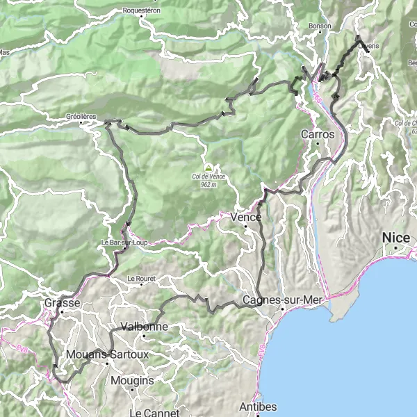 Kartminiatyr av "En spennende sykkeltur fra Levens" sykkelinspirasjon i Provence-Alpes-Côte d’Azur, France. Generert av Tarmacs.app sykkelrutoplanlegger